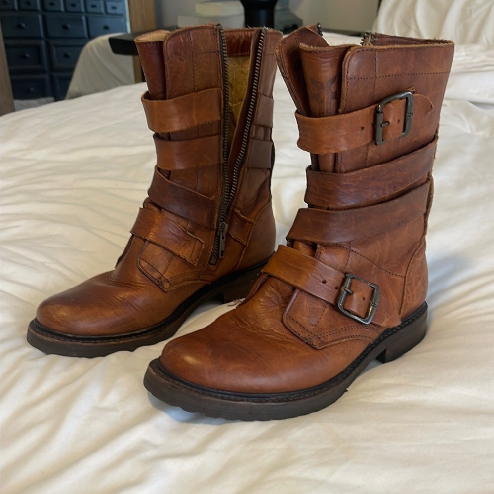 Frye Brown Leather Buckle Boots